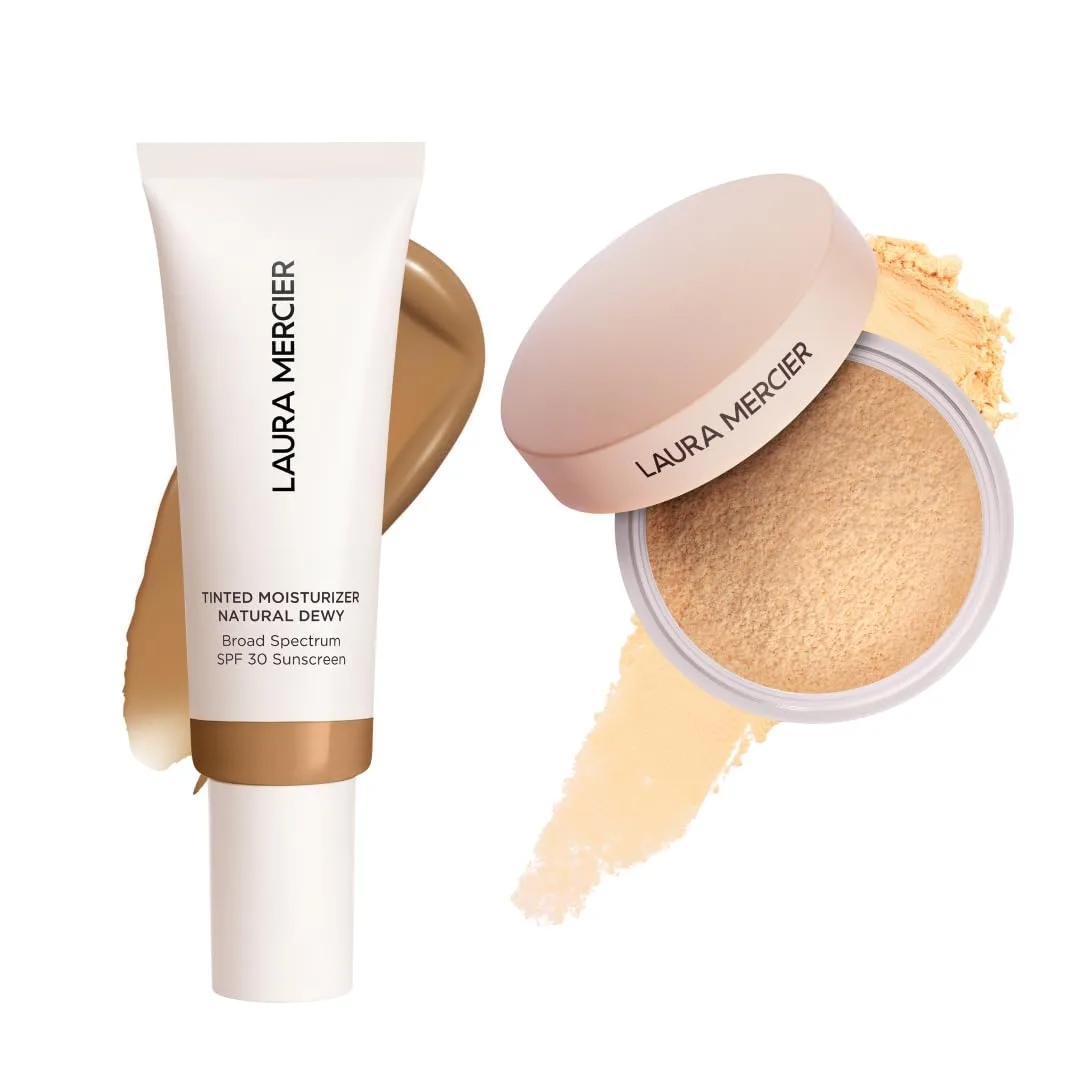 Laura Mercier тонирующий увлажняющий крем Natural Dewy с SPF 30, 24-часовая гидратация, оттенок 4W Ochre и рассыпчатая пудра Ultra-Blur с гиалуроновой кислотой, оттенок Translucent Honey