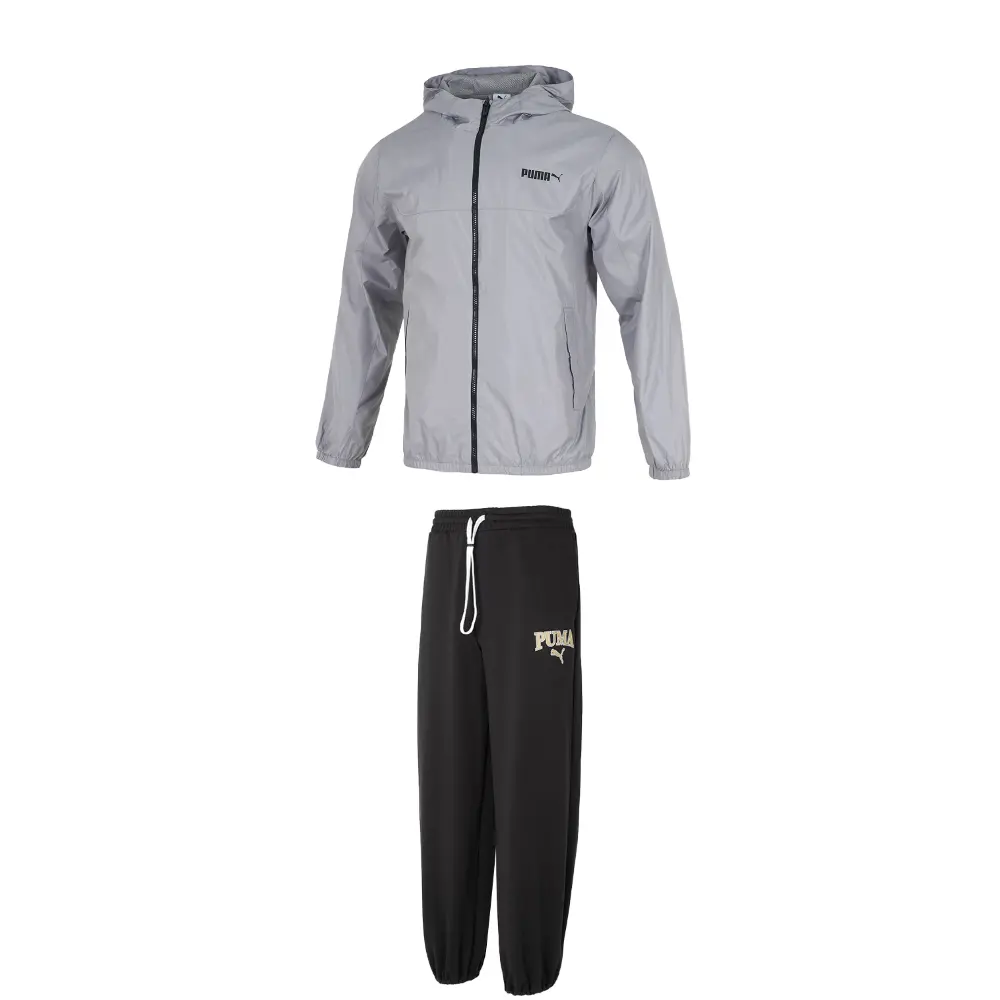 

Puma Мужской повседневный спортивный комплект одежды: серый верх + черные брюки, с капюшоном, средней плотности ткани