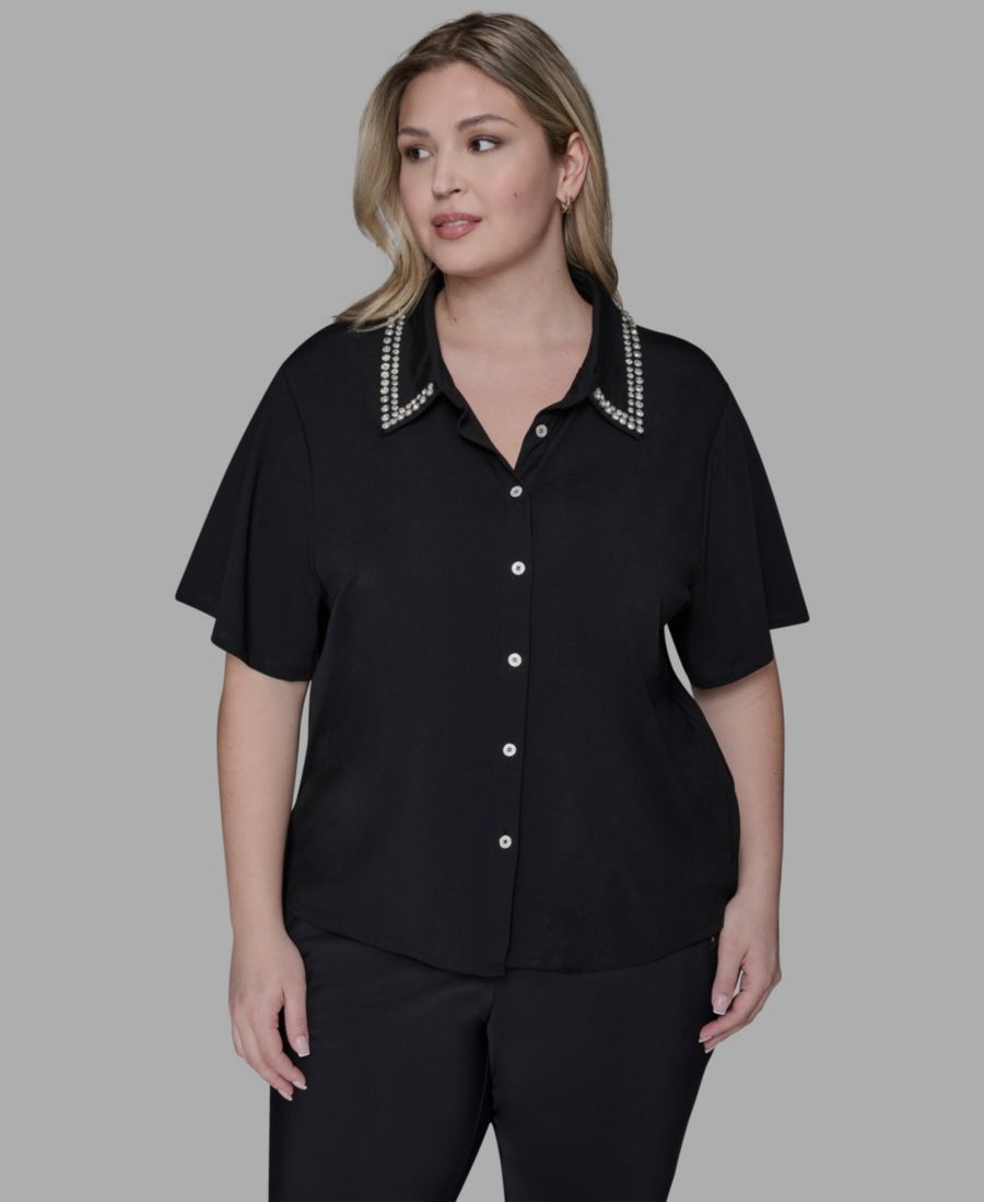 

Женская трикотажная блузка с коротким рукавом и блестящей отделкой, больших размеров KARL LAGERFELD PARIS, Black