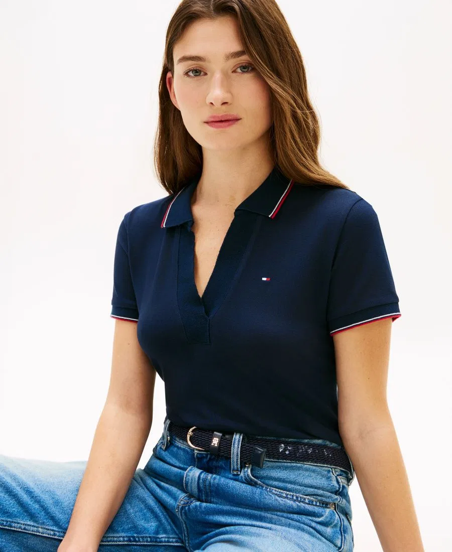 Женская футболка-поло с коротким рукавом и воротником-стойкой Johnny Collar Tommy Hilfiger, темно-синий — фото 3