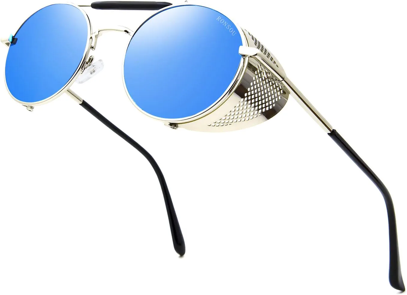 

Солнцезащитные очки RONSOU в стиле стимпанк, круглые, винтажные, поляризованные, ретро, ​​защита UV400, металлическая оправа, A5 Silver&blue (Non-polarized)