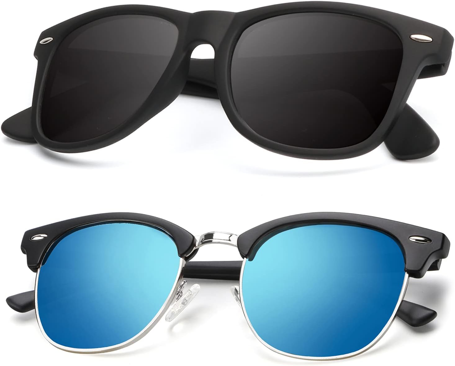 

Поляризованные солнцезащитные очки KALIYADI для мужчин и женщин, полуободковая оправа, солнцезащитные очки для вождения, блокирующие УФ-излучение, B15-(2 Pack) Matte Black | Blue | Silver Rim / Matte Black