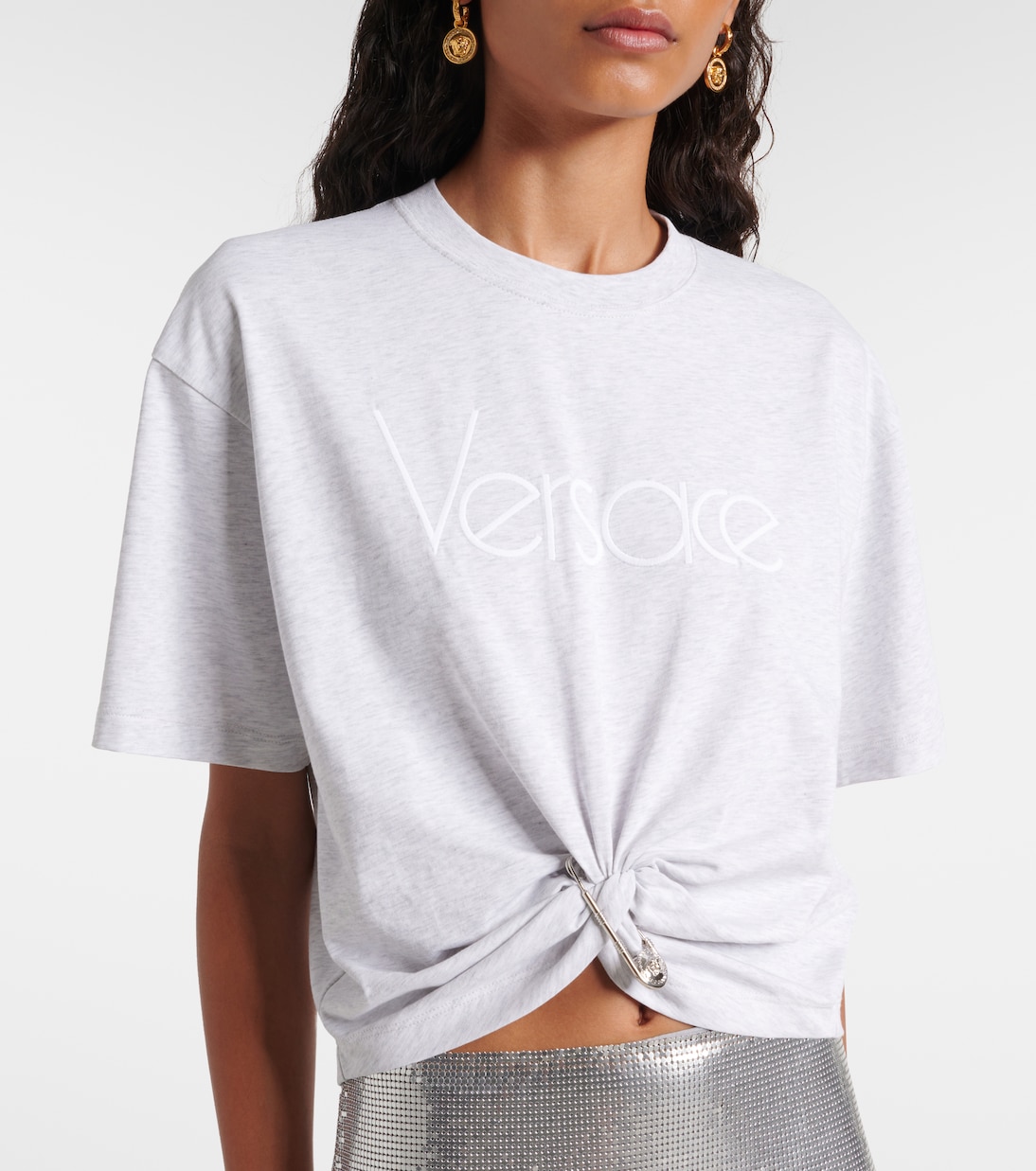 Укороченный хлопковый топ с логотипом Re-Edition 1978 года Versace, Light Grey Melange White — фото 4