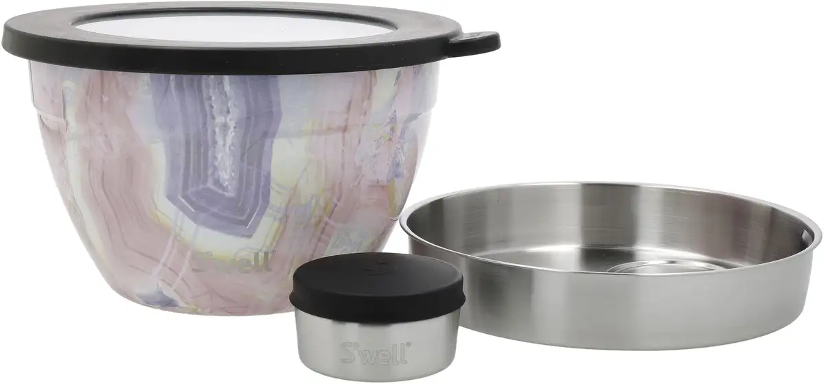 

Салатница S'well "S'well Calacatta Gold Salad Bowl Kit, 1,9 л ", 3 предмета, изготовлена ​​из нержавеющей стали, технология Therma-S'well, с внешней оболочкой с вакуумной изоляцией 21х12 см, цвет Geode Rose