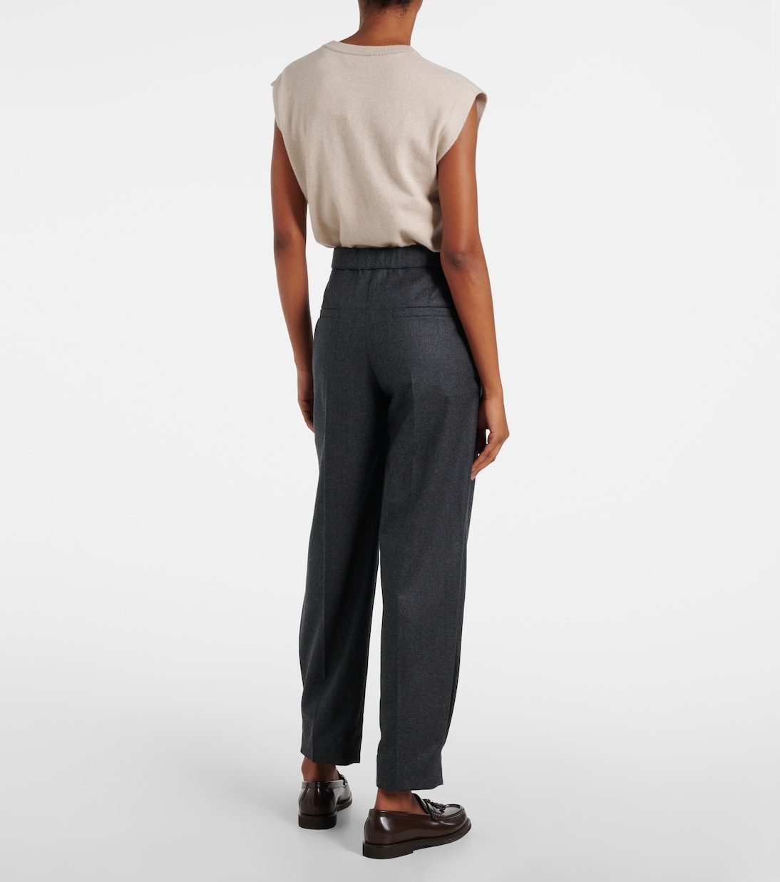 Прямые шерстяные брюки Baggy Sartorial с высокой талией Brunello Cucinelli, Dark Grey — фото 3
