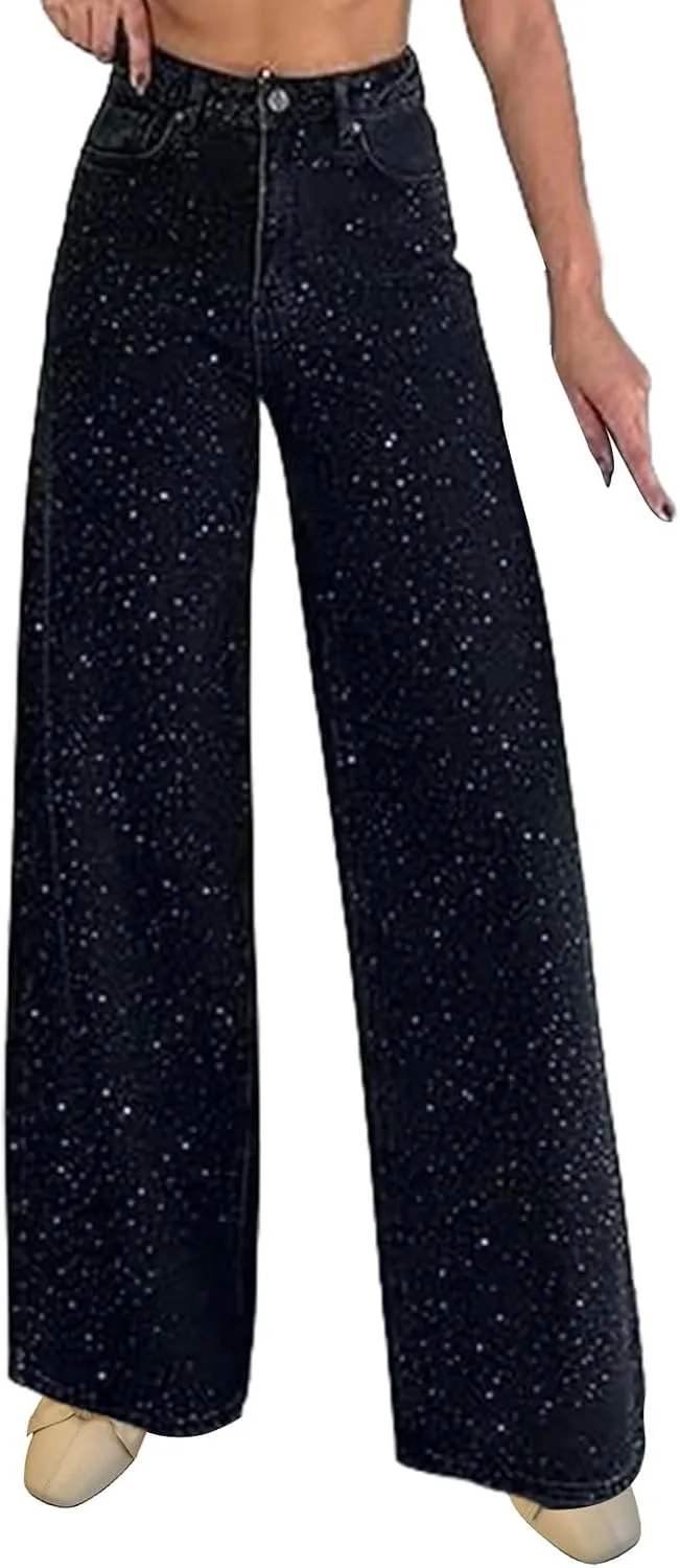 

Женские джинсы с блестками и стразами, высокие, прямые, свободные, Plus Size