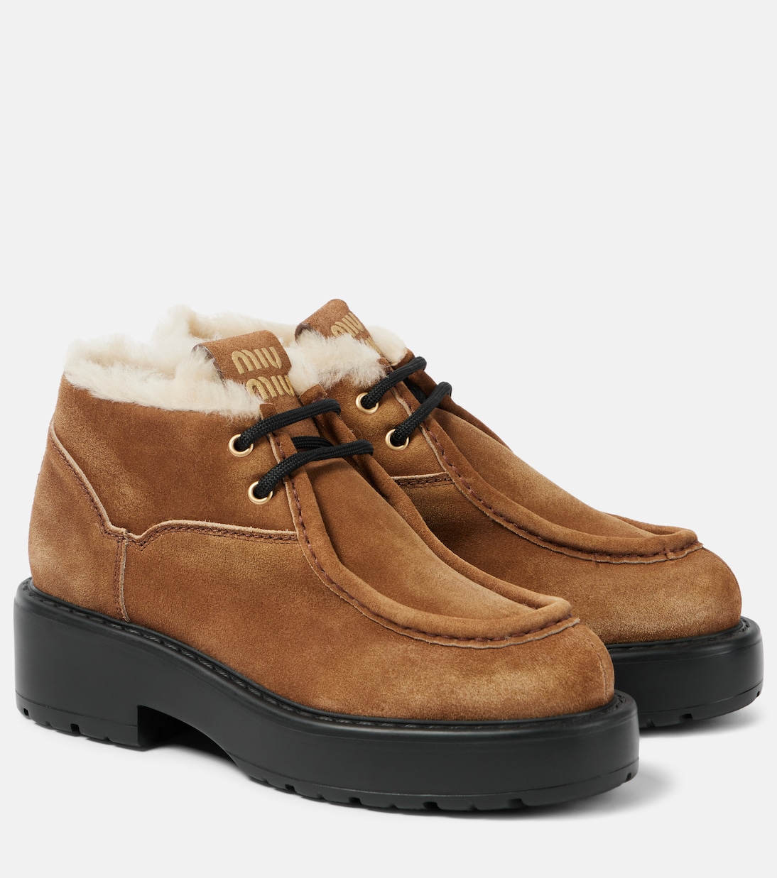 Массивные кожаные туфли с отделкой из овчины Miu Miu, Cannella