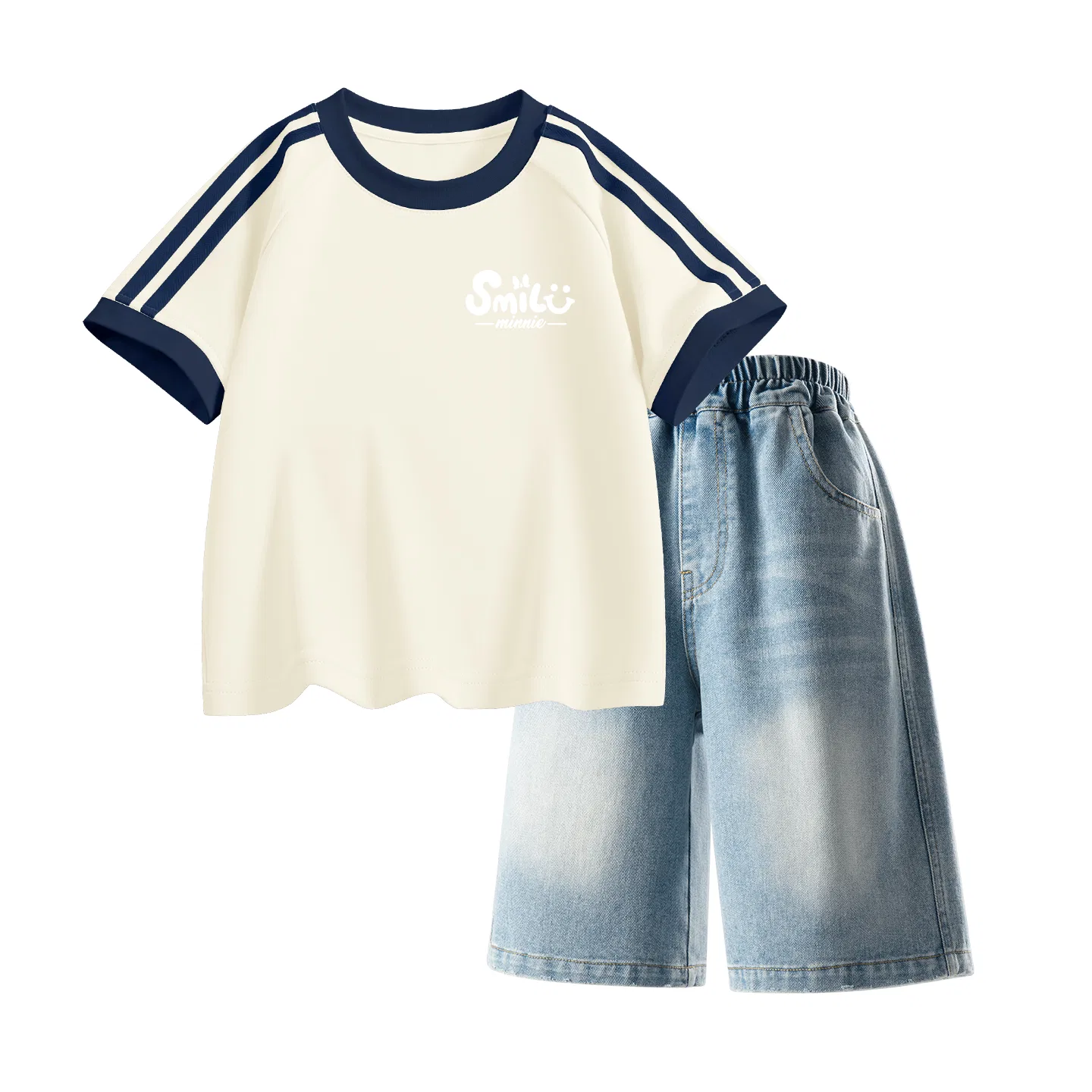 Детский спортивный костюм Casual Sportswear 2 Piece Set Disney, Di B Letter Smile Nini K Almond White+Solid Color Denim Blue