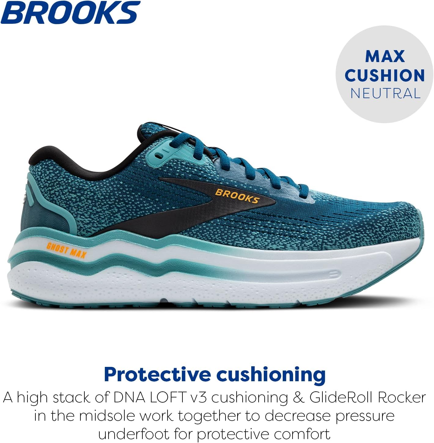 Мужские кроссовки Brooks Ghost Max 2 для бега и ходьбы, синий/оранжевый/бирюзовый — фото 2