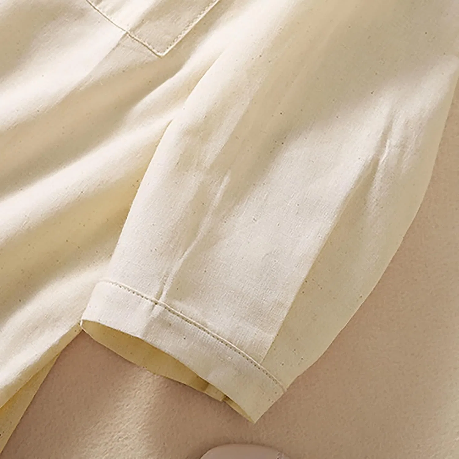 Блуза хлопковая и льняная с воротником-стойкой, Cotton and Linen Women Shirt Loose Mid Sleeve Top, бежевый — фото 3