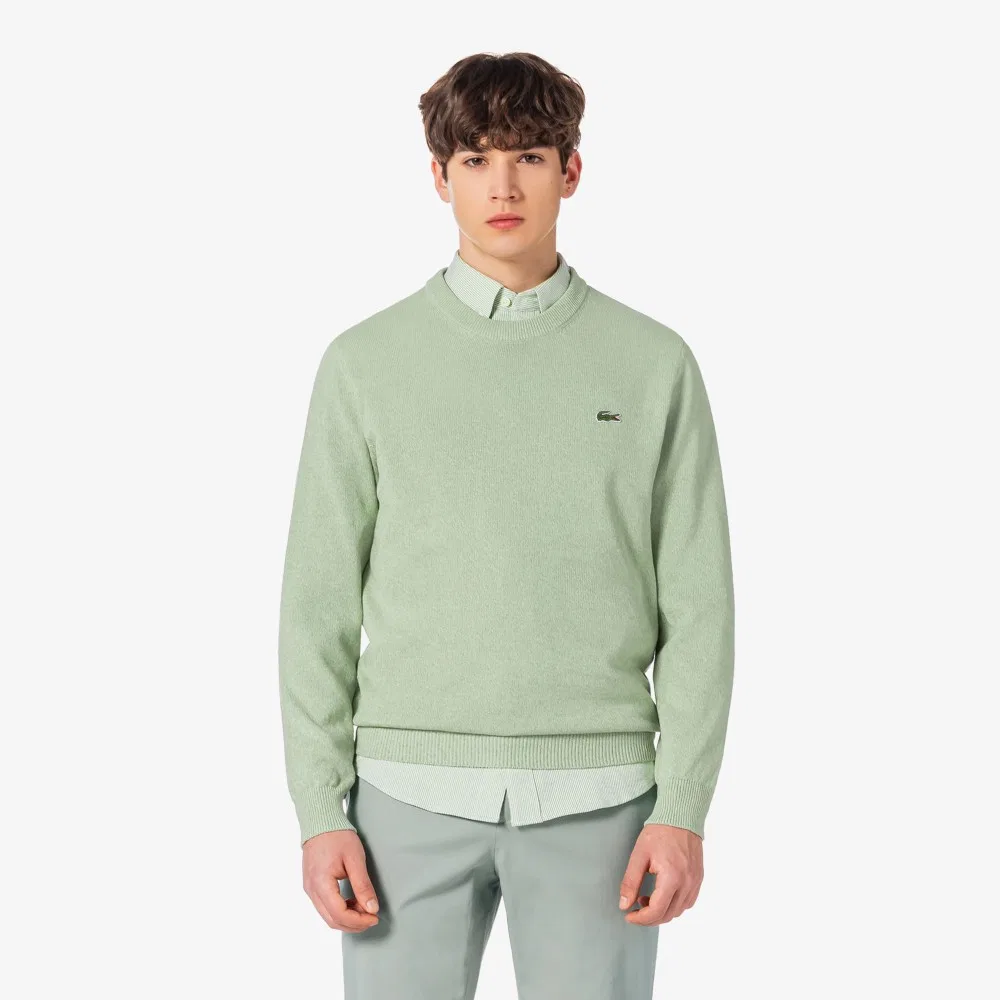 Мужской зелёный пуловер с круглым вырезом из хлопка и бумаги от Lacoste