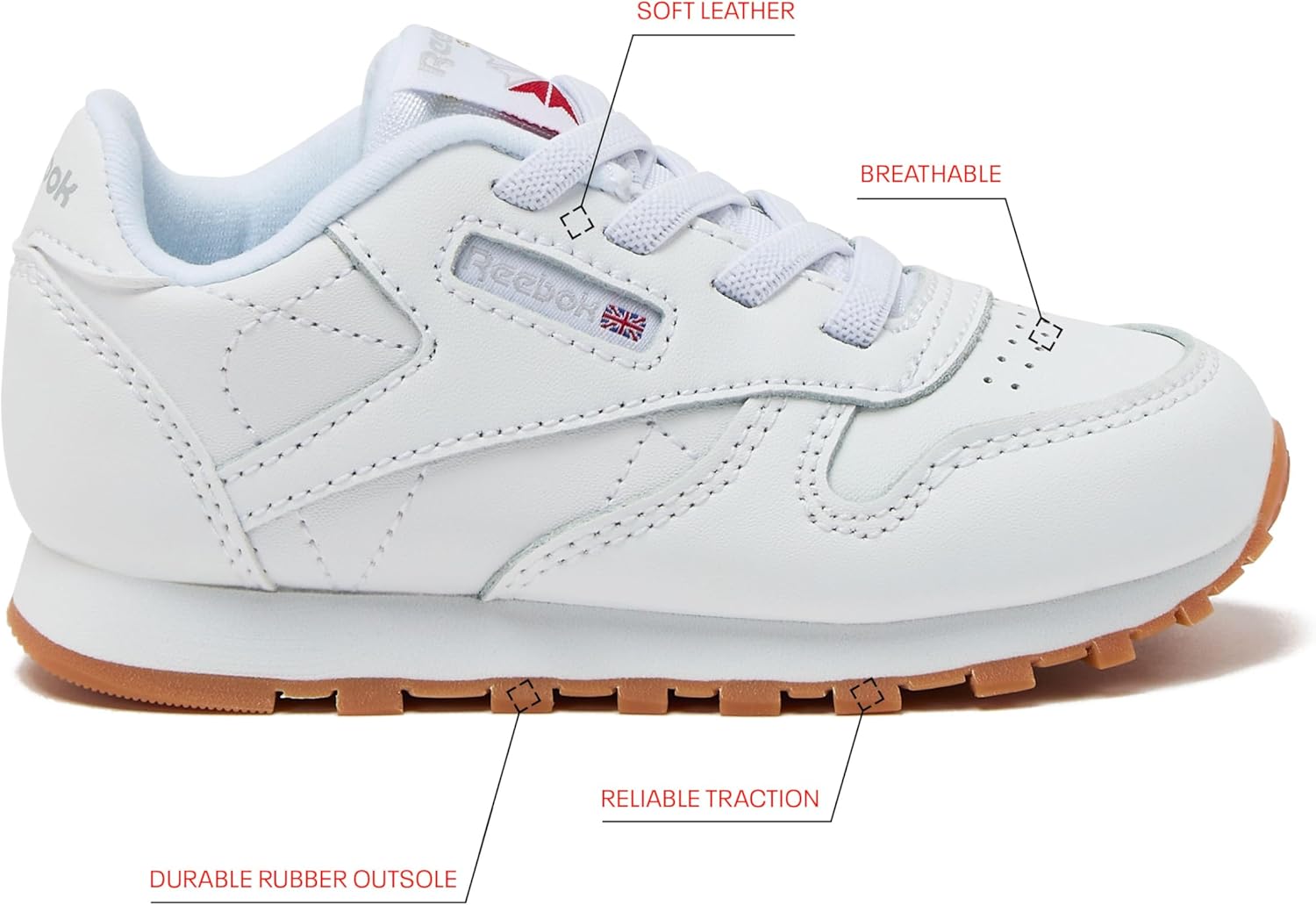 Кроссовки Reebok Classic Leather для девочек и мальчиков, для малышей, детей младшего и старшего возраста, теннисные туфли для девочек и мальчиков, белый — фото 2