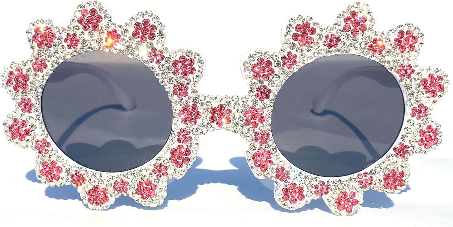 

Женские солнцезащитные очки с круглыми бриллиантами, в форме цветка, модные, милые, с оправой, украшенной драгоценными камнями, для костюмированных вечеринок и рейв-вечеринок mincl, White