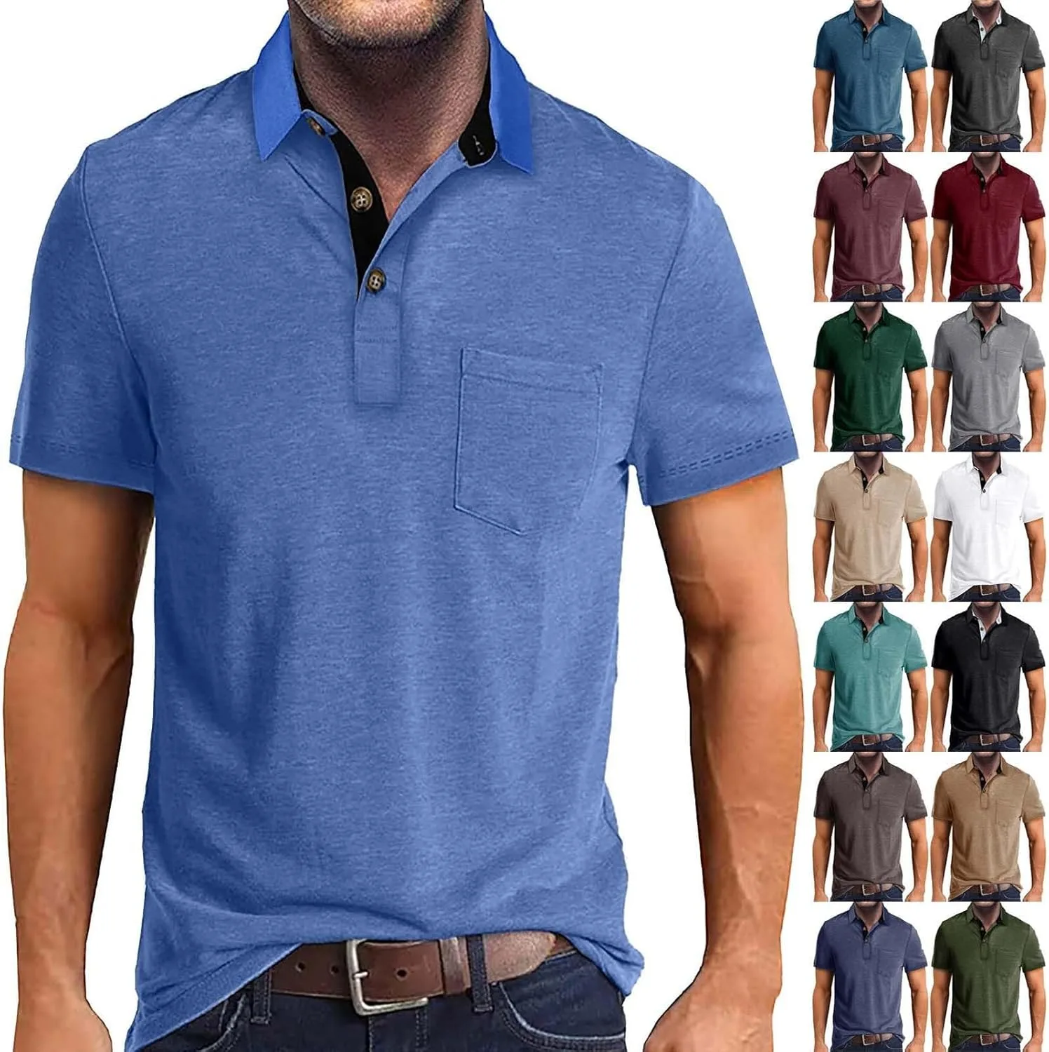 

Мужская поло летняя с коротким рукавом, 3 пуговицы, с карманом HUTJDHA