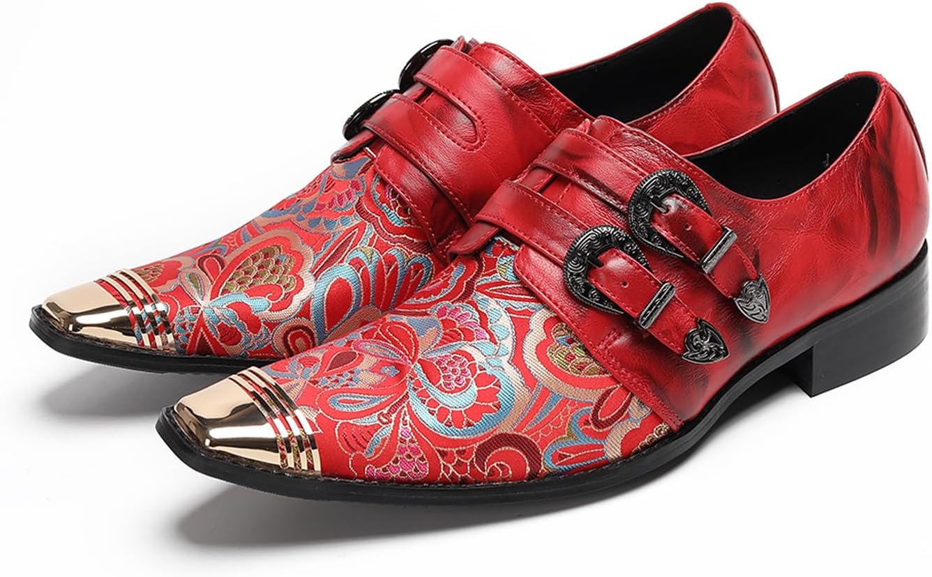 

Мужские слипоны Santimon, кожаные классические туфли с металлическим носком и цветочной вышивкой - модные туфли с ремешком-монком для свадьбы, вечеринки, выпускного или сценического выступления, красный