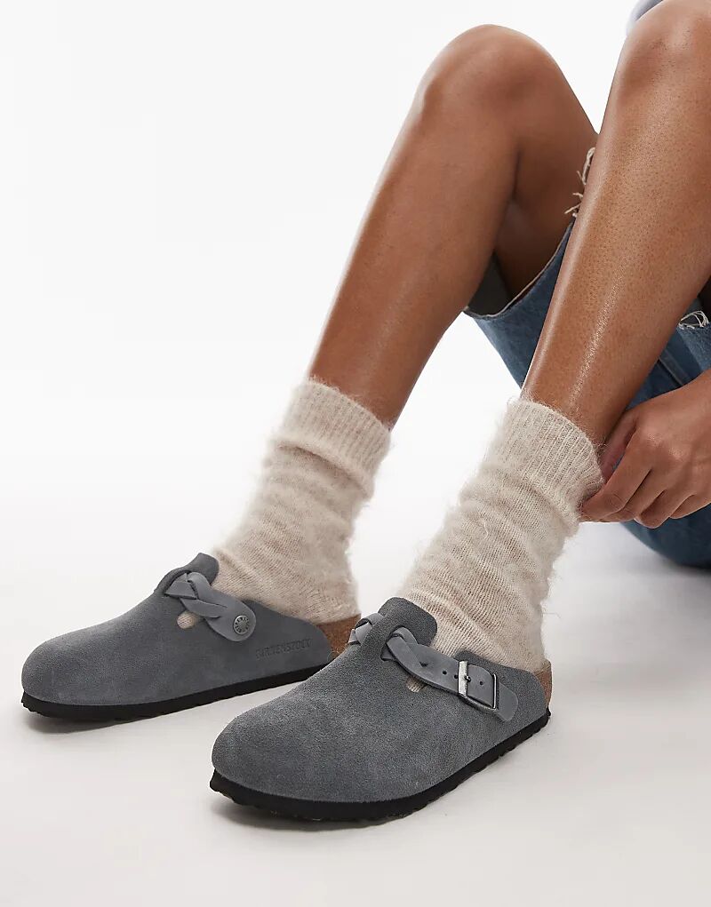 Плетеные босоножки Birkenstock из замши цвета серого базальта
