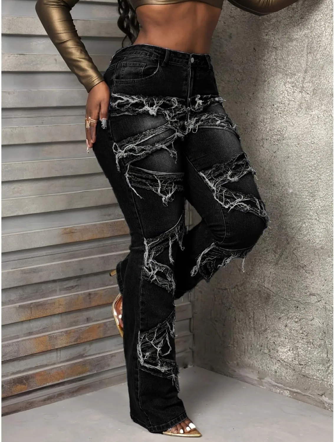 Женские джинсы Slim Fit с прямыми штанинами, потертые края, застежка на пуговицах, комфортные брюки Generic, черный — фото 4