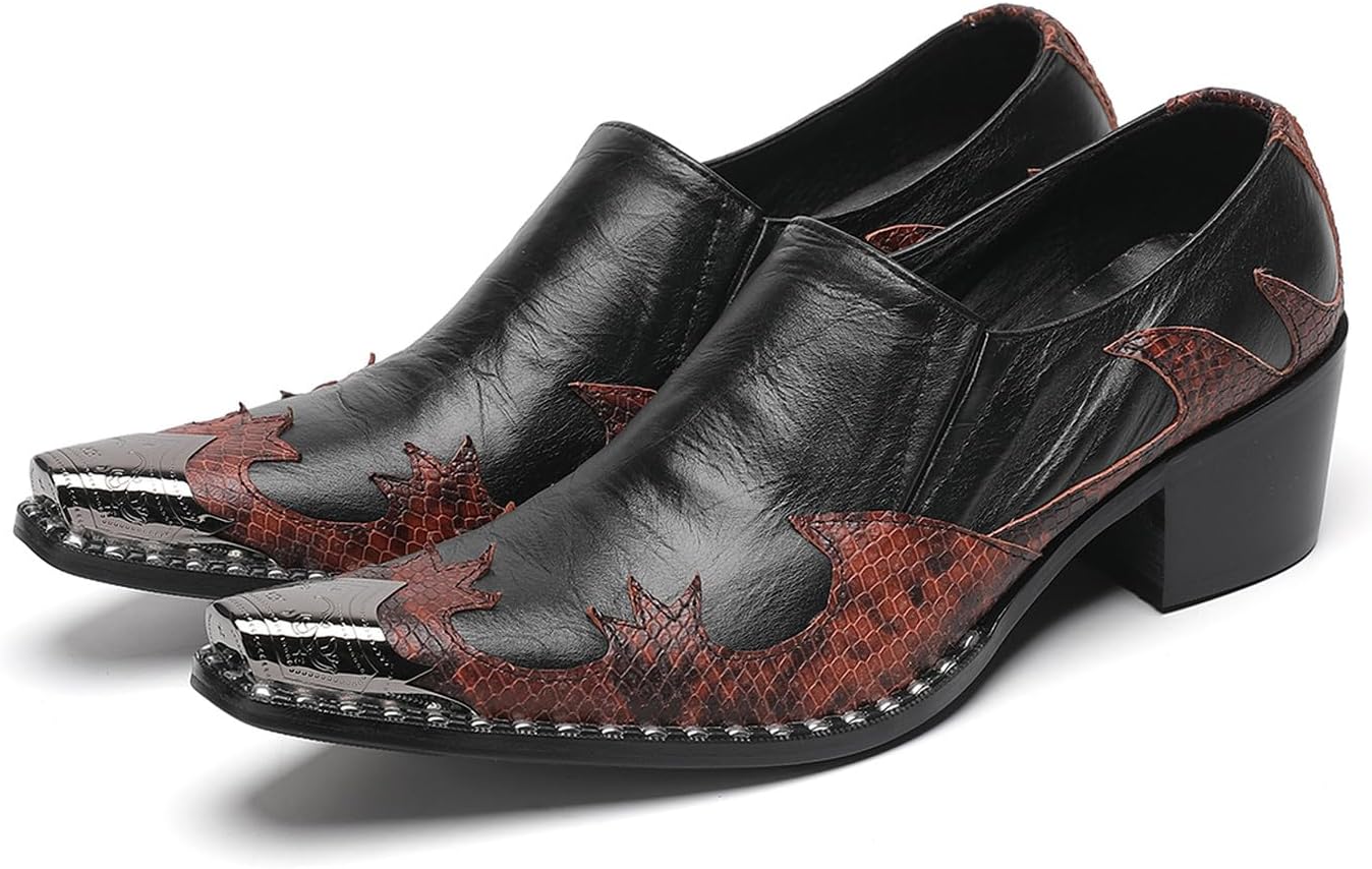 

Мужские туфли-слипоны, повседневные лоферы с металлическим заостренным носком, каблук-блок, двухцветная кожа, стиль вестерн, для офиса, вечеринок и баров Santimon, черный