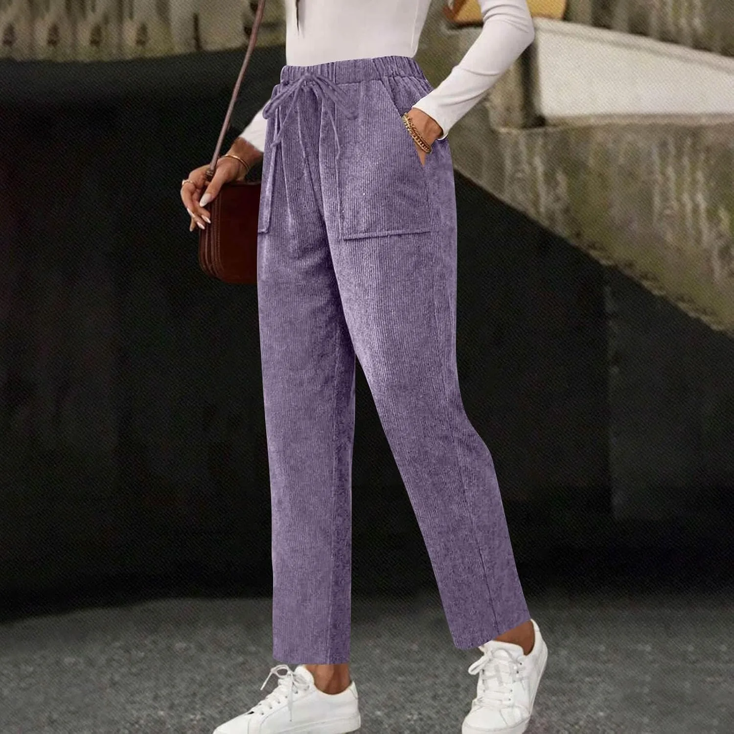 Женские брюки из вельвета на резинке с высокой посадкой, прямые, на кулиске, с карманами generic, фиолетовый — фото 2