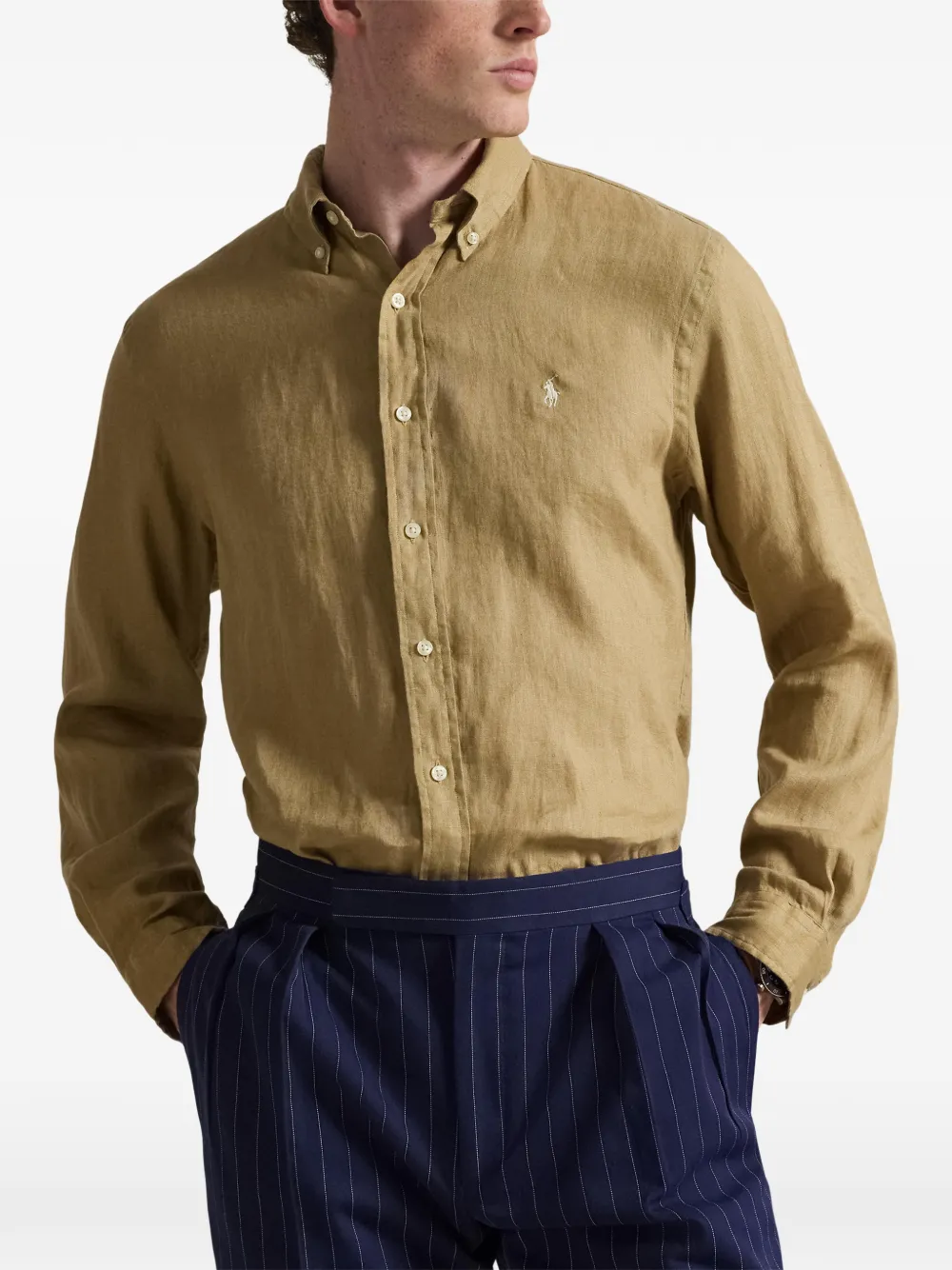 Льняная рубашка узкого кроя Polo Ralph Lauren, бежевый — фото 3
