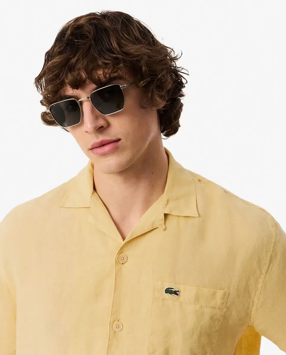 Мужская рубашка свободного кроя из льна с короткими рукавами Lacoste, желтый — фото 3