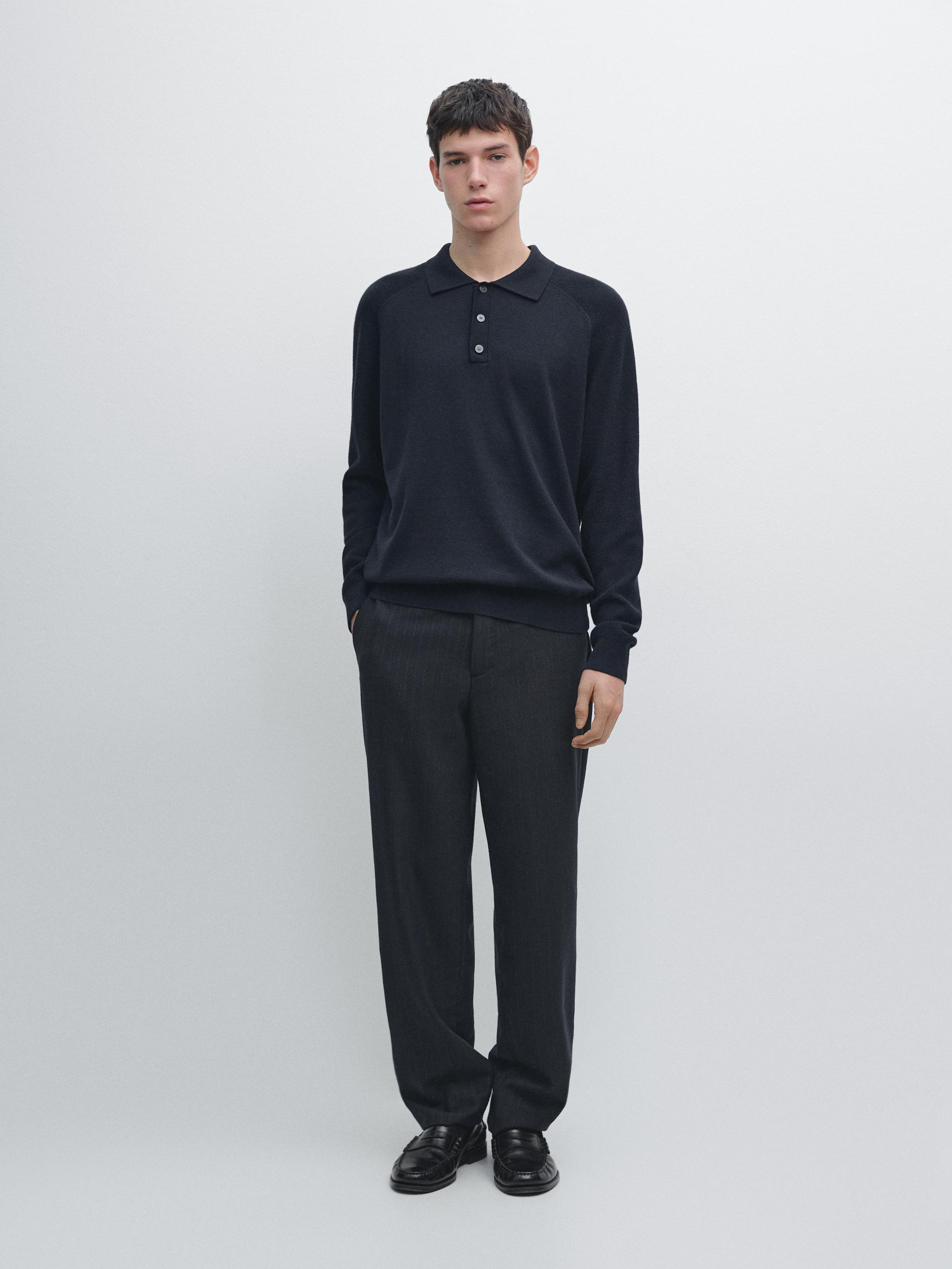 

Вязаный свитер-поло из хлопковой смеси Massimo Dutti, navy blue