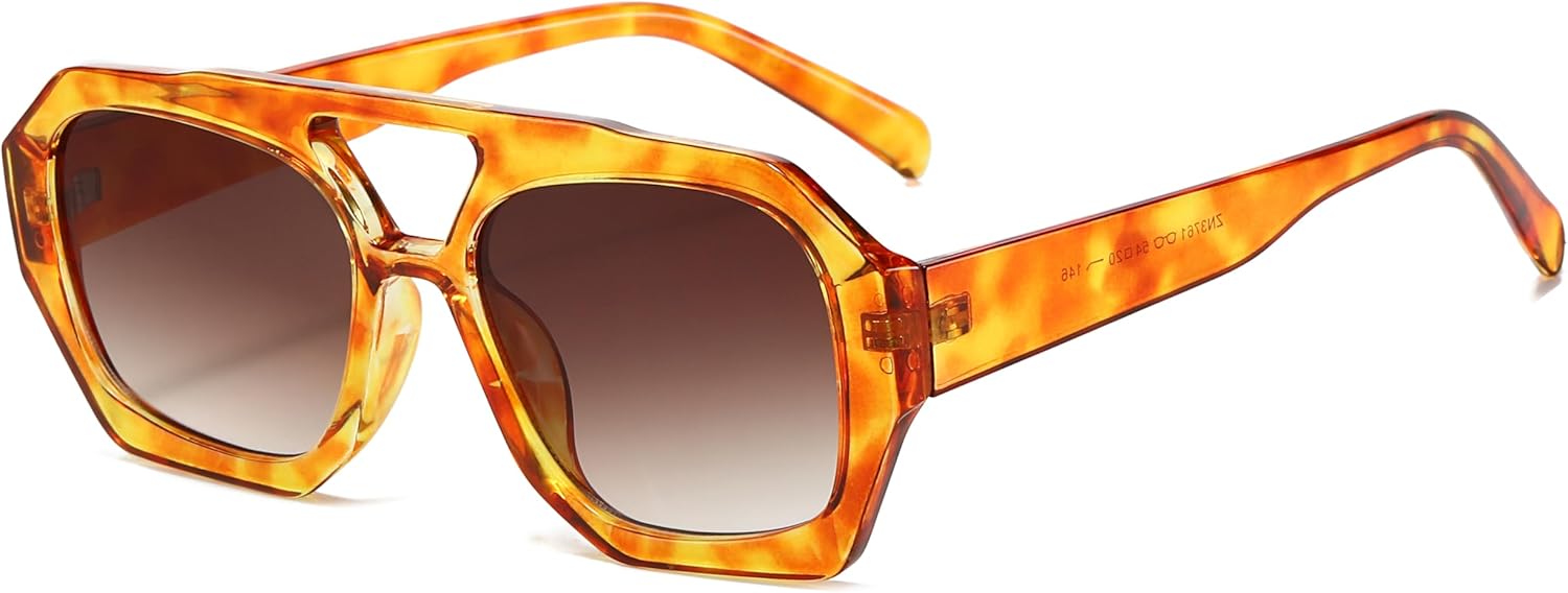 

Солнцезащитные очки Mirkcittle Trendy Square Aviator для женщин и мужчин, шестиугольная толстая оправа, двойная перемычка, дизайнерский дизайн, Orange Leopard/Brown Lens