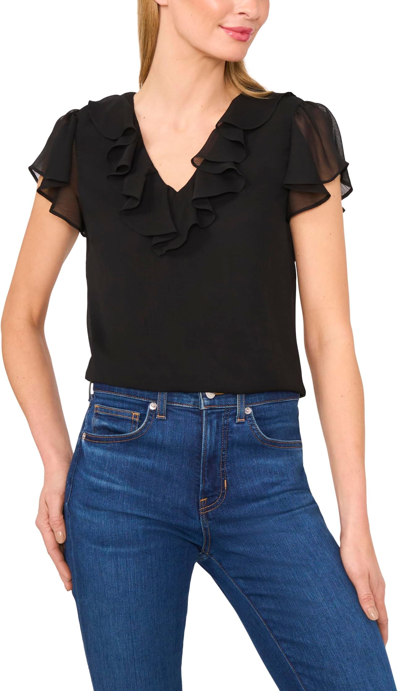 

Топ CeCe Ruffled V Neck Top, Rich Black