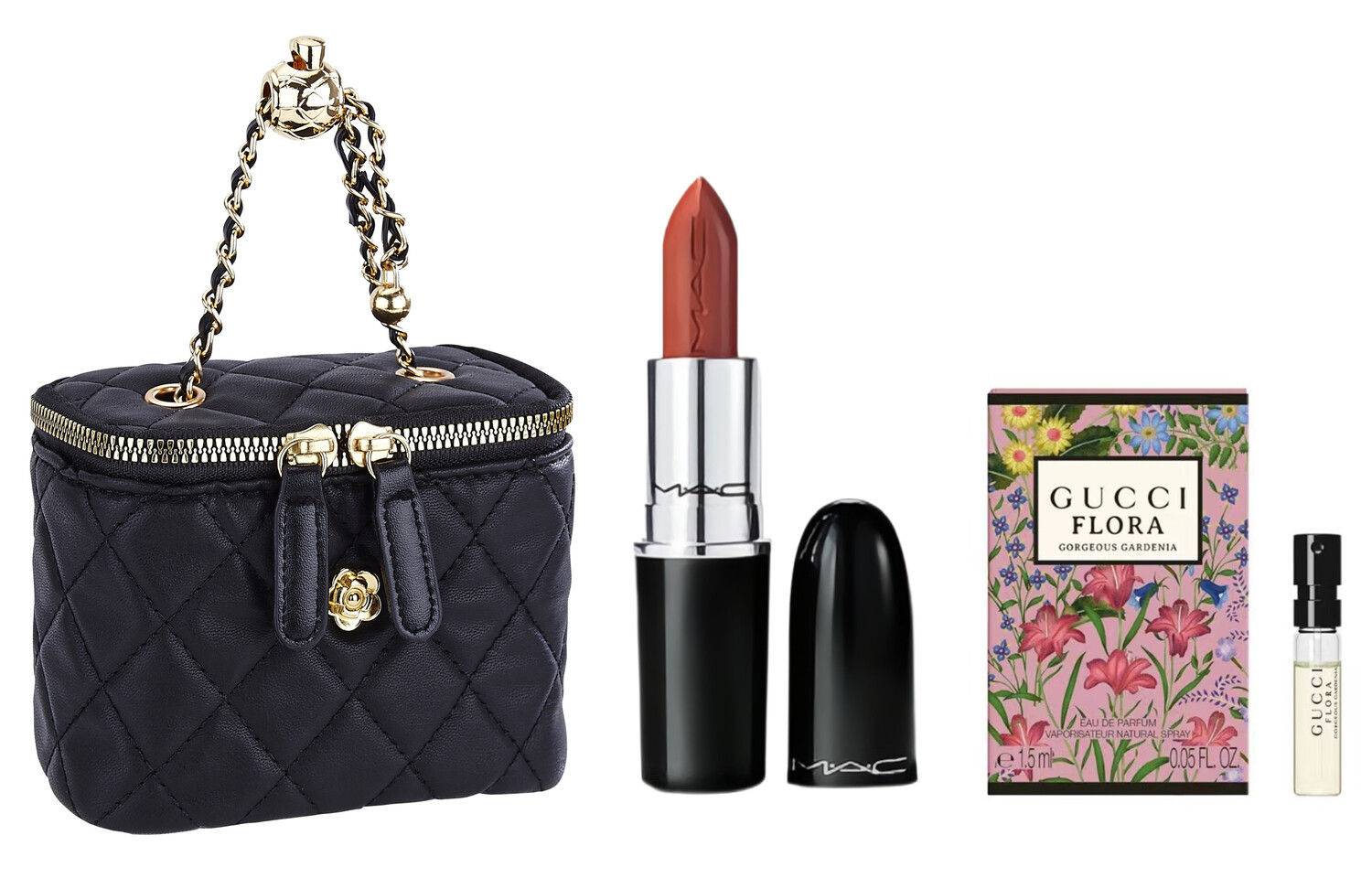 Набор косметики: парфюмерная вода Gucci Flora Gorgeous Gardenia + помада MAC Lustreglass Lipstick #549