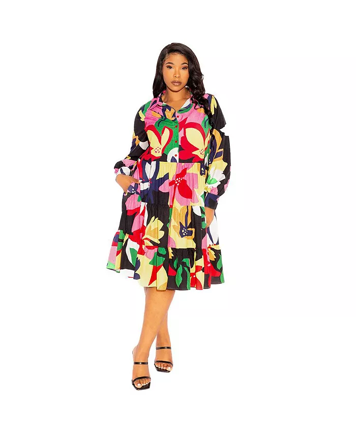

Платье-рубашка с длинным рукавом и ярусами в цветочном принте, plus size Buxom Couture, мультиколор