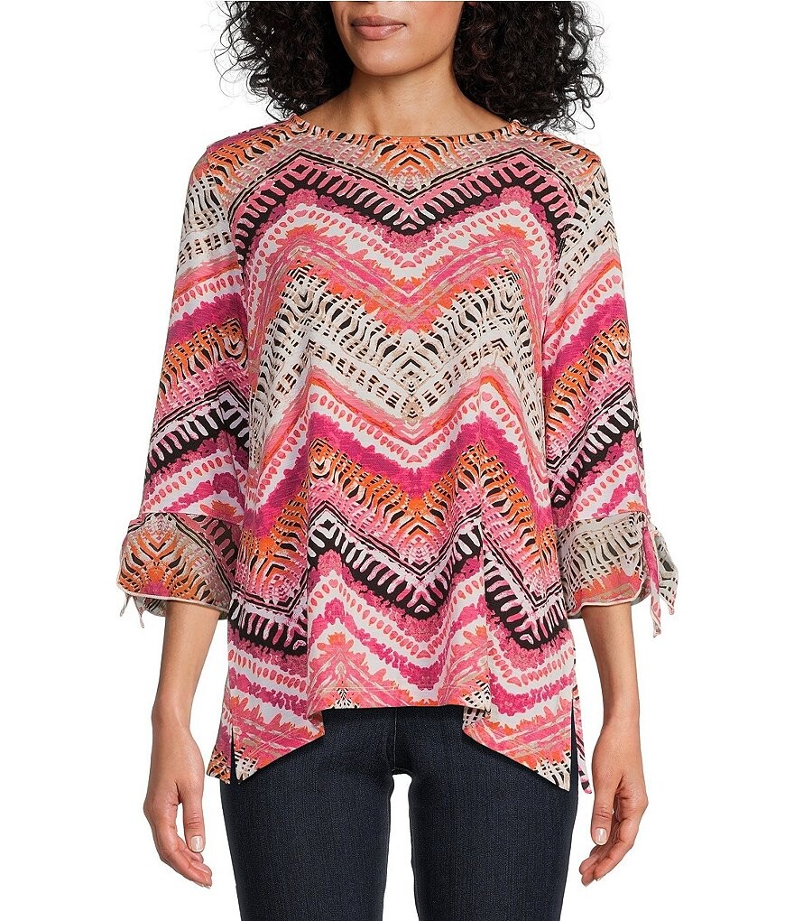 

Топ с воротником-лодочкой из жоржета с принтом шеврон и воланами 3/4 с завязками на рукавах и изогнутым краем Multiples, мультиколор