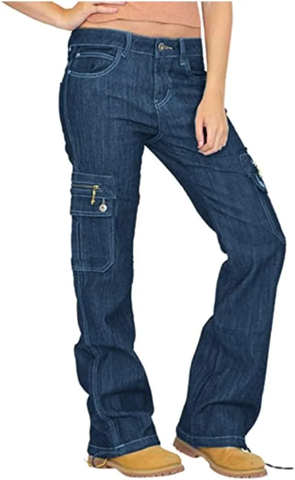 Женские джинсы Mid Waist Wide Leg Cargo с карманами на молнии и потертостями