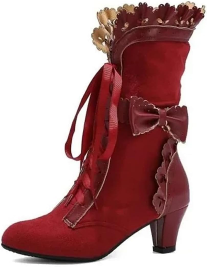 

Женские винтажные викторианские ботинки на шнуровке с грубой подошвой, милый бантик, костюмные туфли для косплея, свадебные ботильоны, готические танцевальные туфли, кавай-лоли обувь Movnebyro, красный