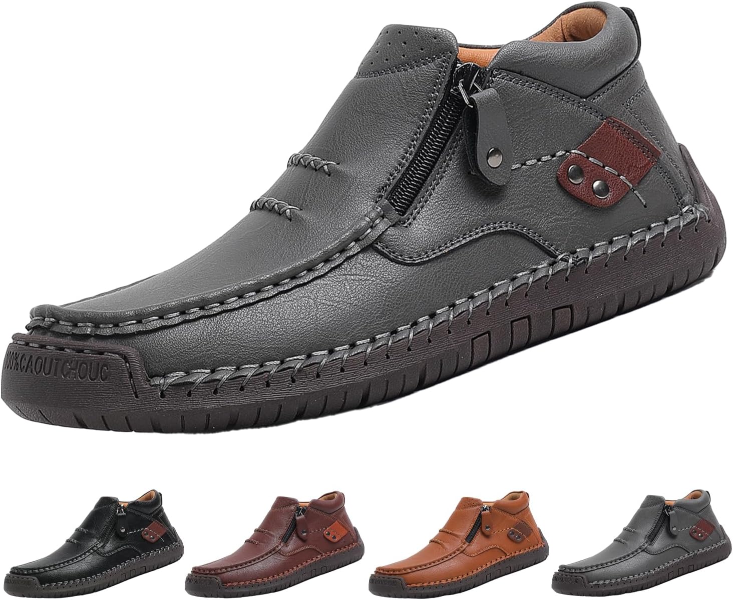 

Мужские полуботинки Чукка средней высоты, осенне-зимняя мода, винтажная кожа, ручная работа, нескользящая подошва, боковая молния, повседневная обувь для вождения и нарядного стиля Hneowgn, серый