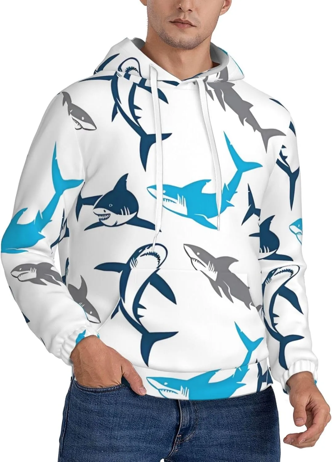 

Мужская флисовая худи с капюшоном — уютная толстовка с принтом акулы и карманом SSYGHT