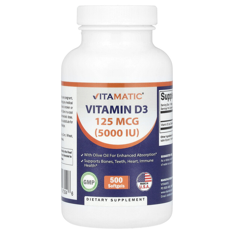 

Vitamatic, Витамин D3, 125 мкг (5000 МЕ), 500 мягких таблеток