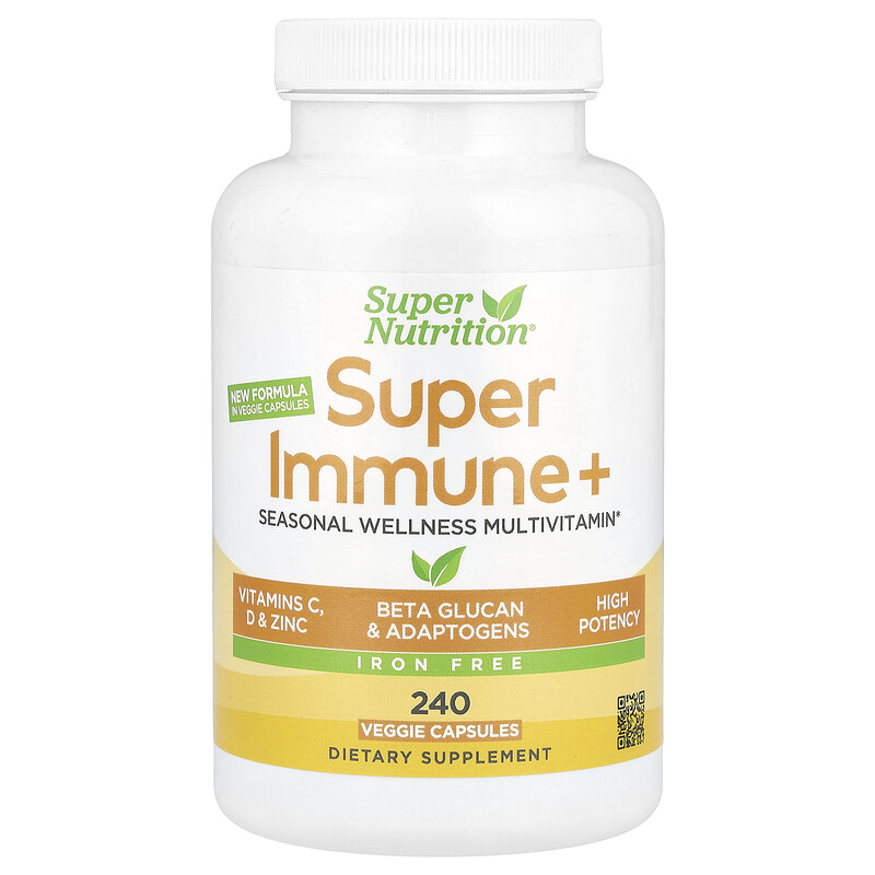 

Super Nutrition, Super Immune+, мультивитамины, без железа, 240 растительных капсул