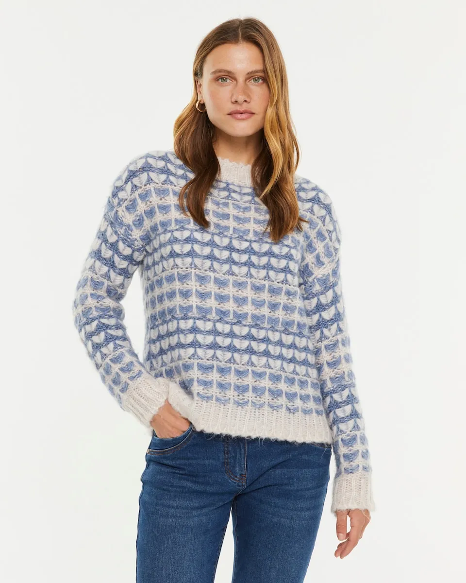 

Женский джемпер вязаный с узором, длинные рукава, круглый вырез Paz Torras, синий/белый