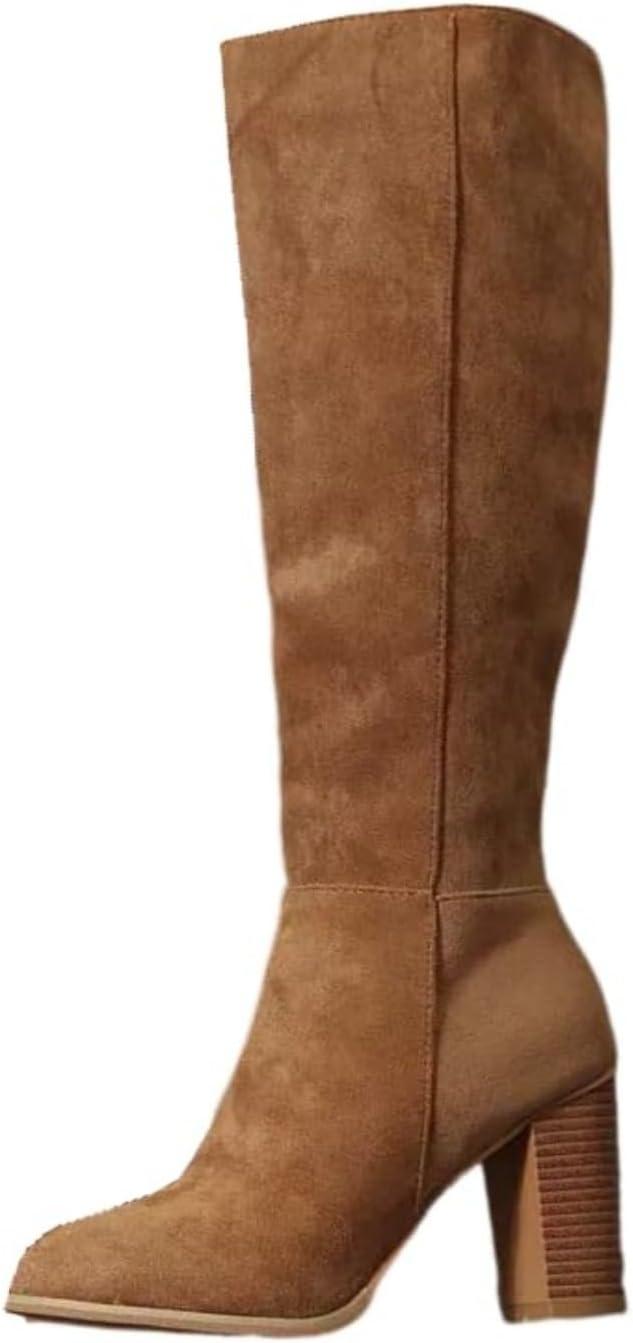 

Женские замшевые сапоги до колена с высоким толстым каблуком, заостренным носком и свободной посадкой, осенне-зимние, с молнией сбоку, тянущиеся выше бедра Baxtayel, коричневый