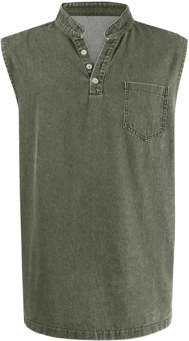 Мужская майка-безрукавка с пуговицами, винтажная, с карманом, Generic, D006-army Green — фото 2