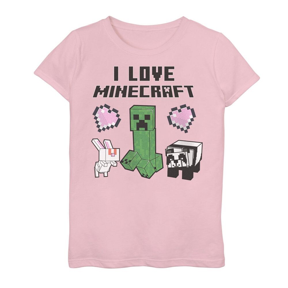 

Футболка с рисунком Minecraft I Love Minecraft Friends для девочек 7–16 лет Creeper Rabbit Panda Licensed Character, розовый