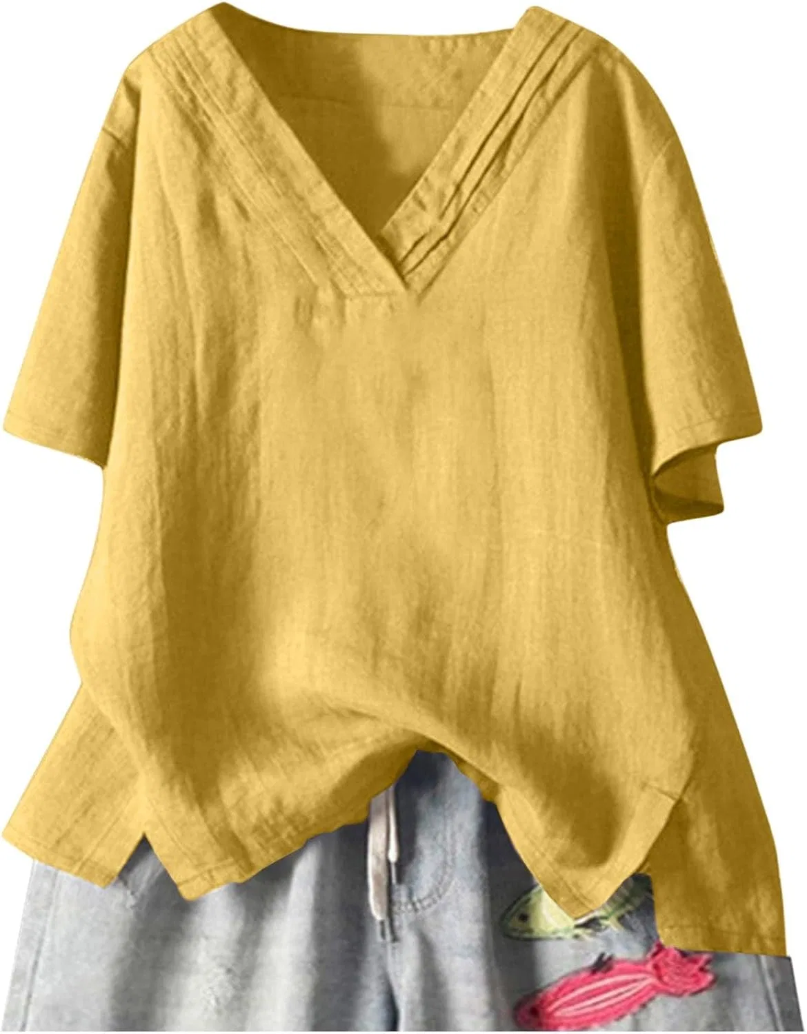 Женская футболка с V-образным вырезом, свободный крой, Yellow — фото 4