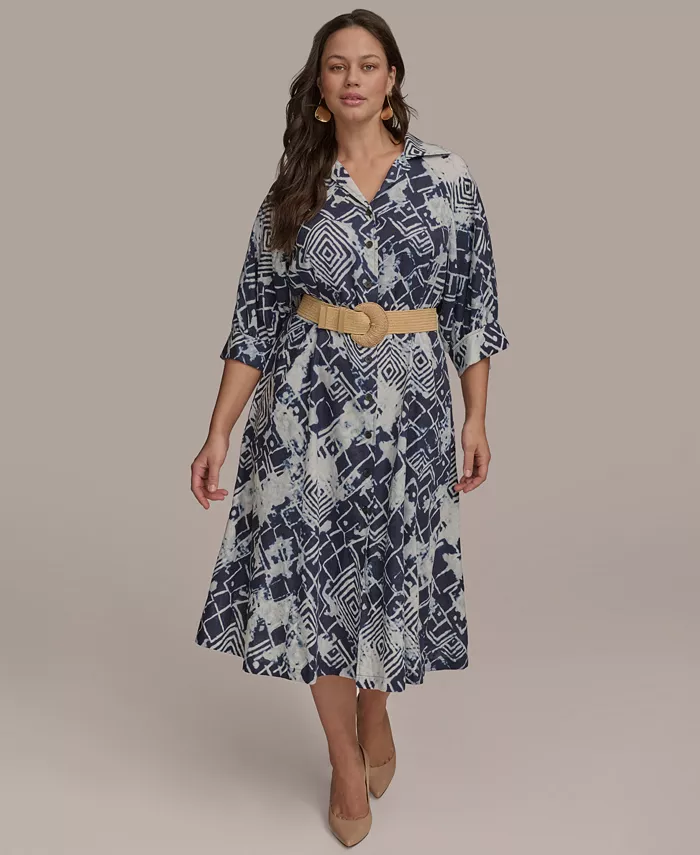 

Платье-рубашка с принтом и поясом, с рукавом 3/4, plus size Donna Karan New York, синий