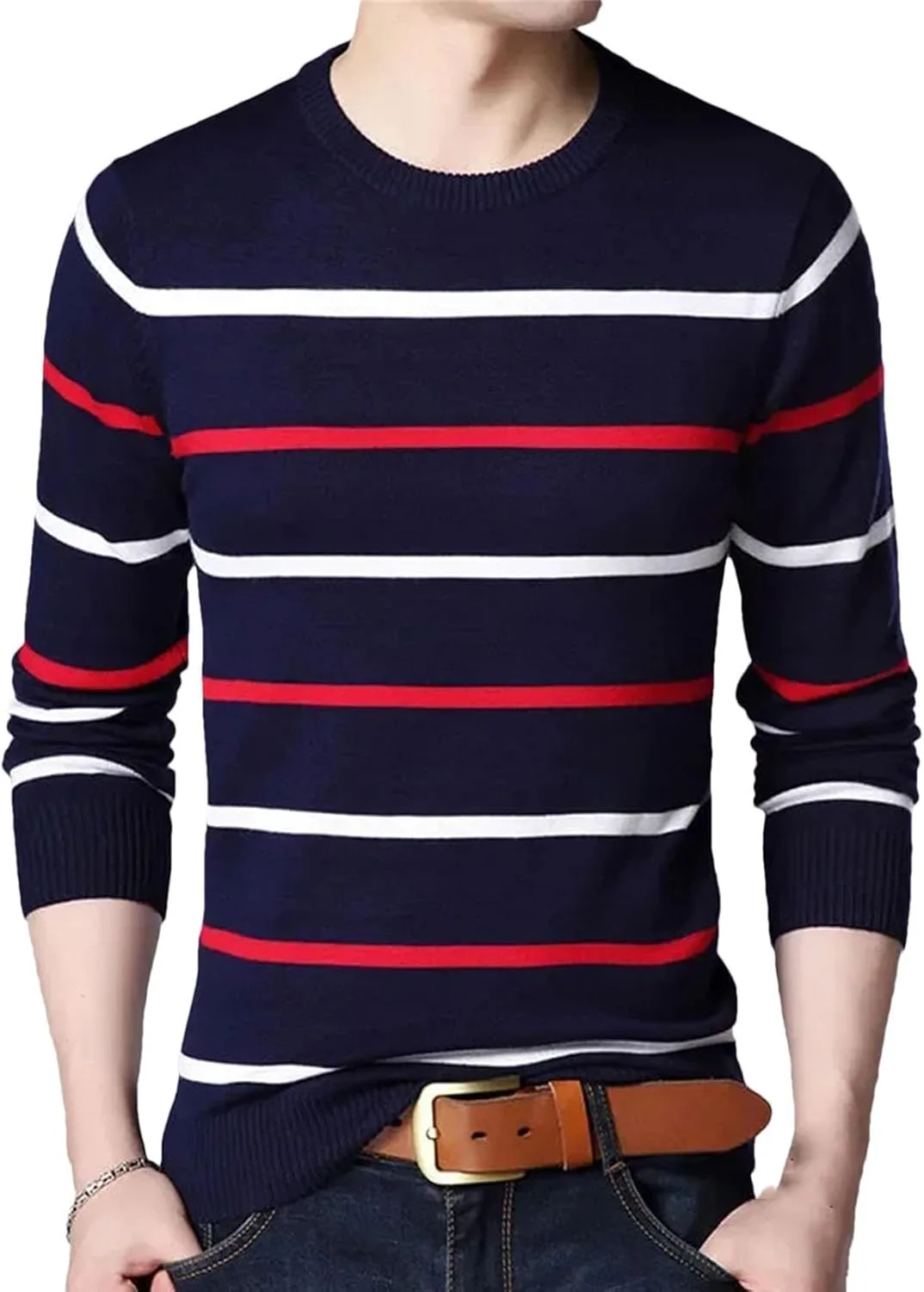 

Мужской вязаный свитер с полосками и аппликацией, с длинными рукавами и круглым вырезом