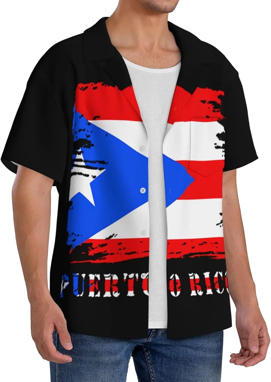 Мужская свободная рубашка с коротким рукавом и воротником-стойкой Puerto Rico Flag, Black — фото 2