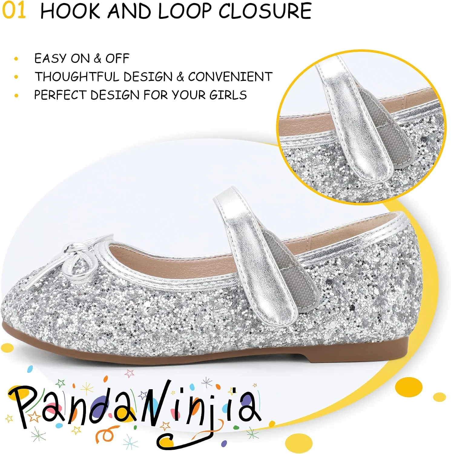 Детские балетки для девочек с бантом Mary Jane PANDANINJIA, Silver Sequin — фото 4