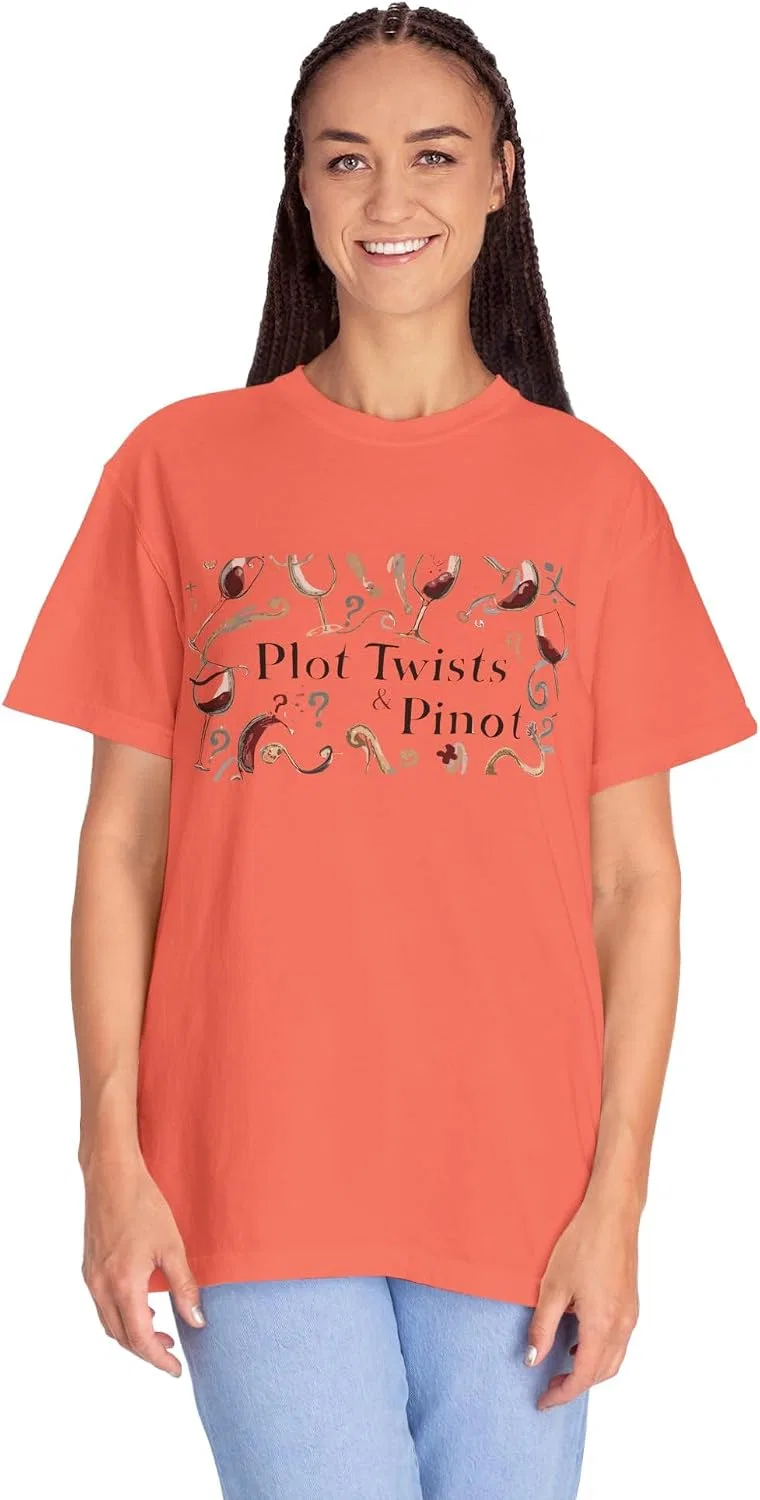 Женская футболка с принтом Plot Twists & Pinot, ярко-лососевый — фото 2