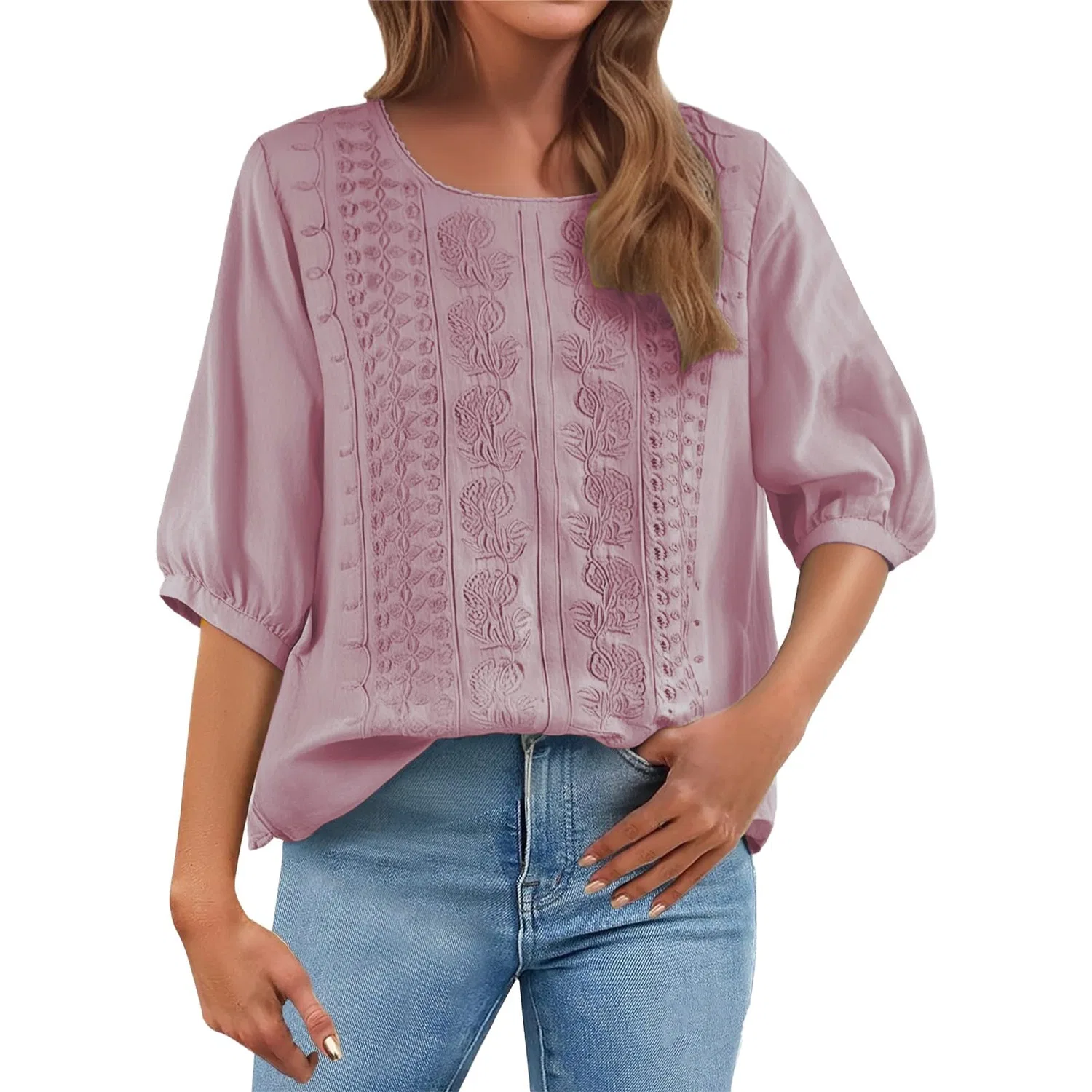 Женская блуза с цветочной вышивкой Cotton Linen Tops, Z12-pink Linen Shirts for Women