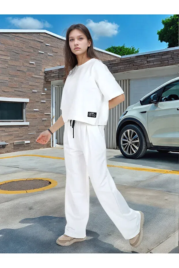 Детский комплект спортивного костюма для девочек хлопковый Soft Textured Oversize Girl's Tracksuit Set Joui Co, White — фото 3