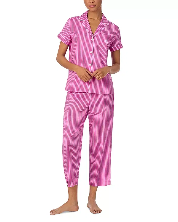 Женский комплект пижамы с коротким рукавом Classic Cropped Pant Pajama Set - Exclusive Ralph Lauren, Pink Stripe
